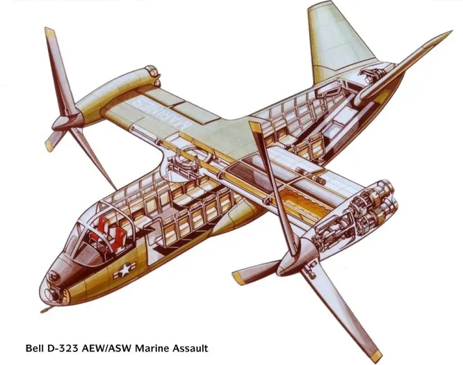 Более крупный Bell D323 создавался на роль палубного транспортного самолёта, противолодочного самолёта и штурмового транспорта 