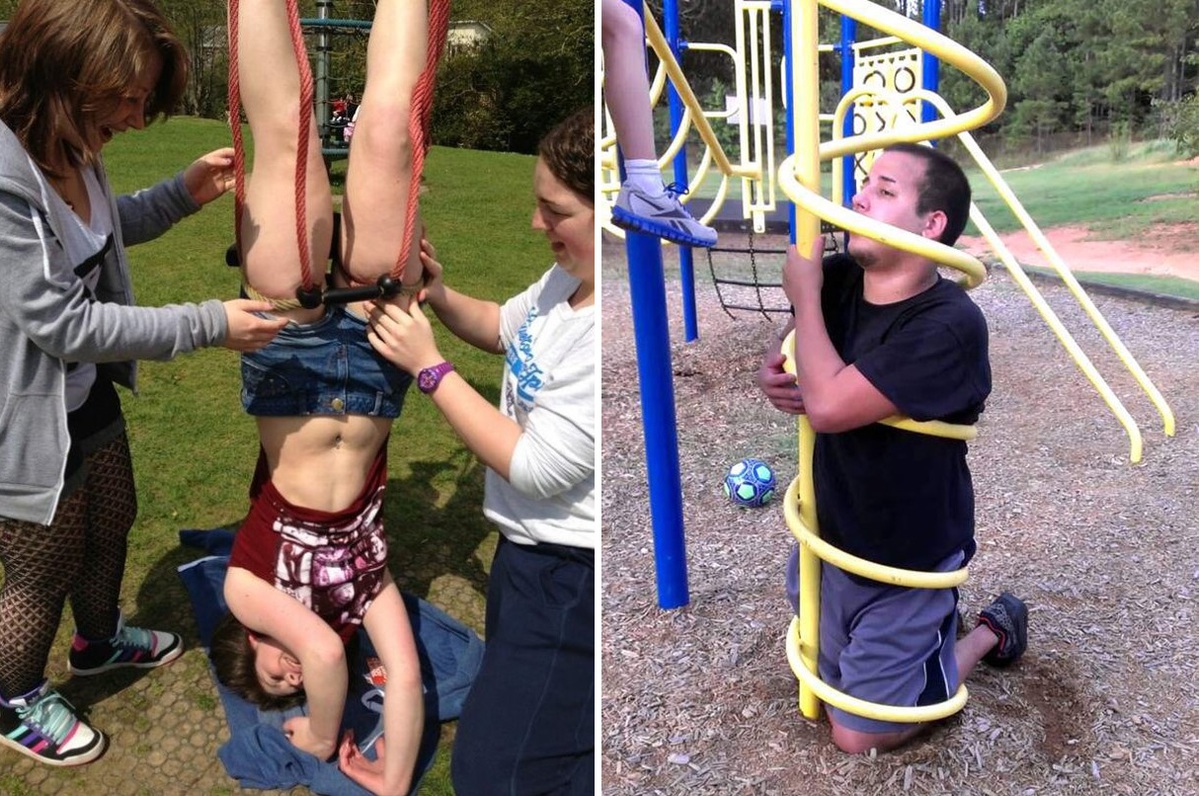 Как взрослые люди застревают в детских качелях: 10+ весёлых фотографий