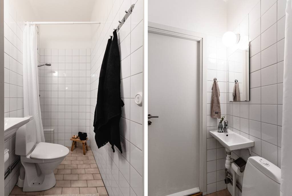 Ванная комната (как и во многих других скандинавских квартирах) — самое аскетичное помещение. Ванны в студиях и однушках встречаются крайне редко. Плитку обычно не меняют десятилетиями. А для стиральных машин и вовсе не предусмотрено отдельного места