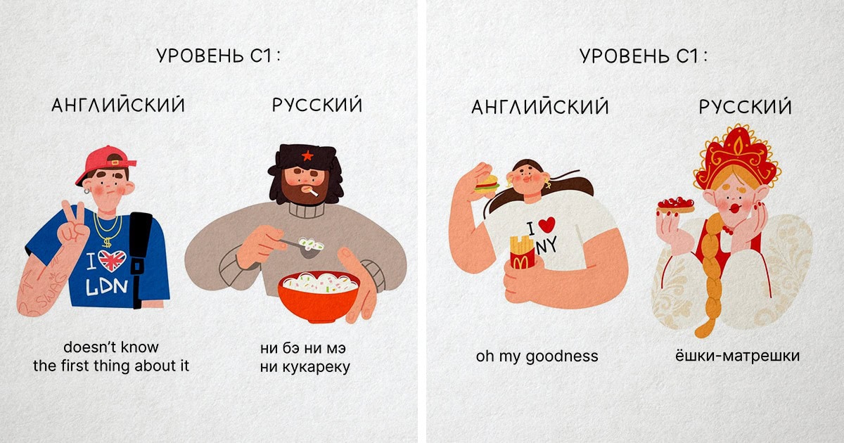 Художница смешно изображает, как отличается знание английского и русского языков на уровне С1
