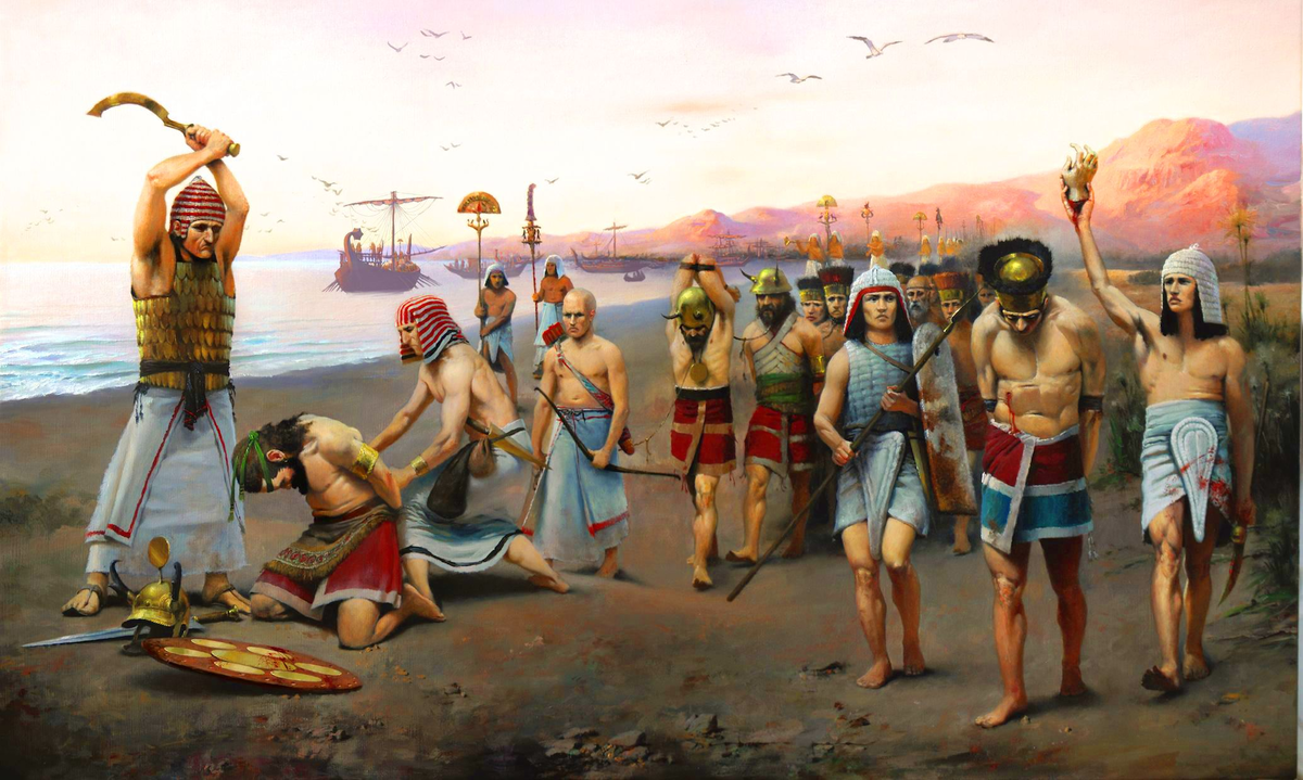 казнь одного из вождей «народов моря» и конвоирование пленных; египетский воин справа с отрубленной рукой убитого лично им воина «народов моря»