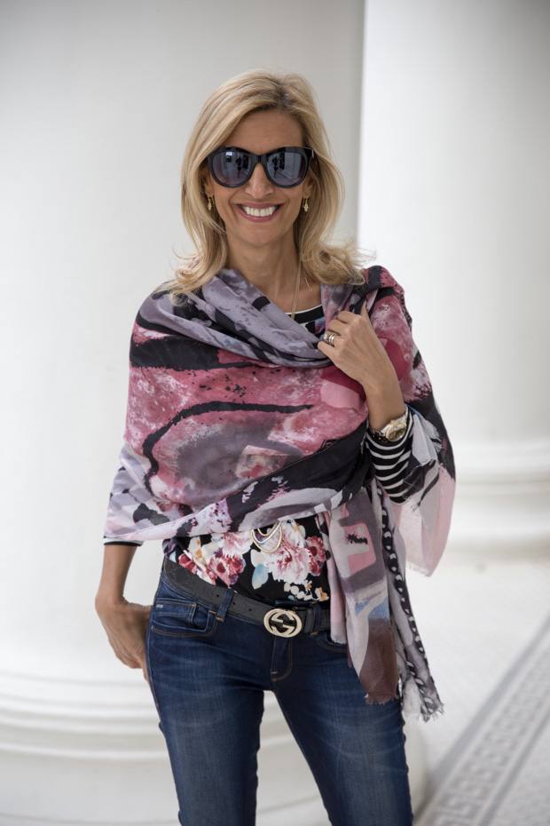 New Floral Stripe T Shirt with graphic shawl scarf