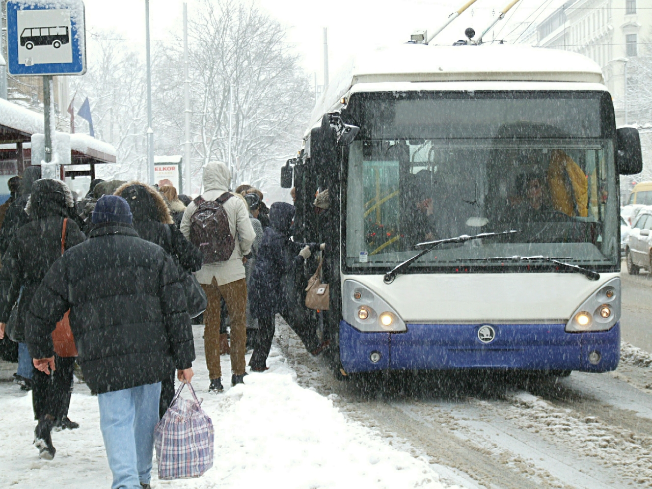 Новосибирцы вытолкали застрявший в снегу троллейбус в Октябрьском районе