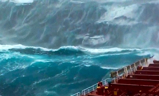 25-метровые волны считали байкой моряков, но потом их засняли на камеру и теперь уже не отрицают: видео