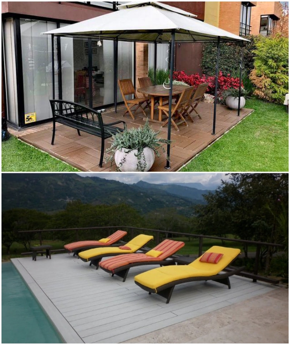 Из доски/плит WPC можно сделать настил для зоны отдыха во внутреннем дворе или возле бассейна (Колумбия).  Из доски/плит WPC можно сделать настил для зоны отдыха во внутреннем дворе или возле бассейна (Колумбия).