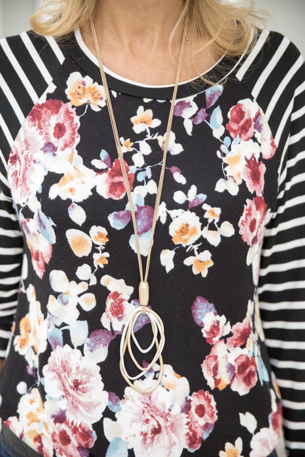 New Floral Stripe T Shirt and Black Rayon Belted Moto Jacket and necklace