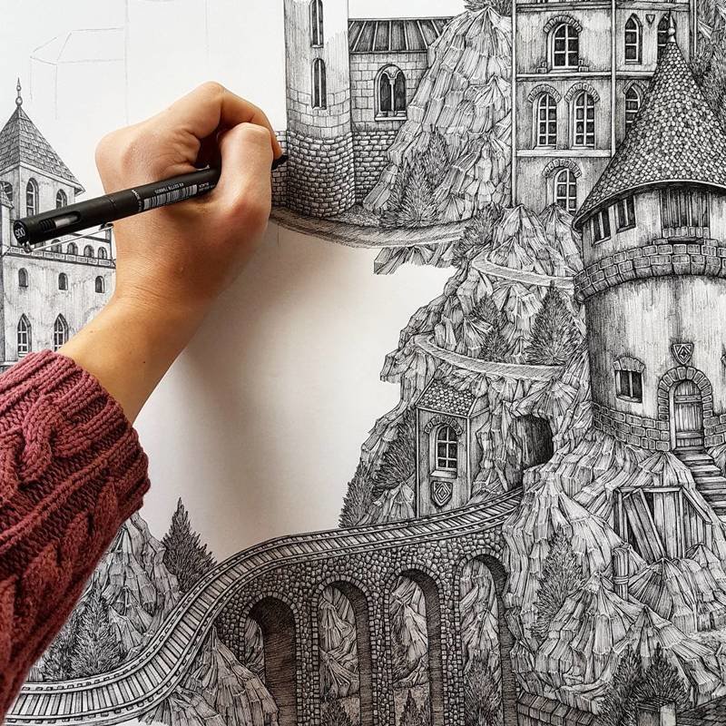 Фантазийные миры чернильной ручкой от Оливии Кемп Оливия Кемп, искусство, красота, рисунки, ручка, художник