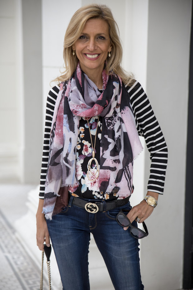 New Floral Stripe T Shirt and Black Rayon Belted Moto Jacket