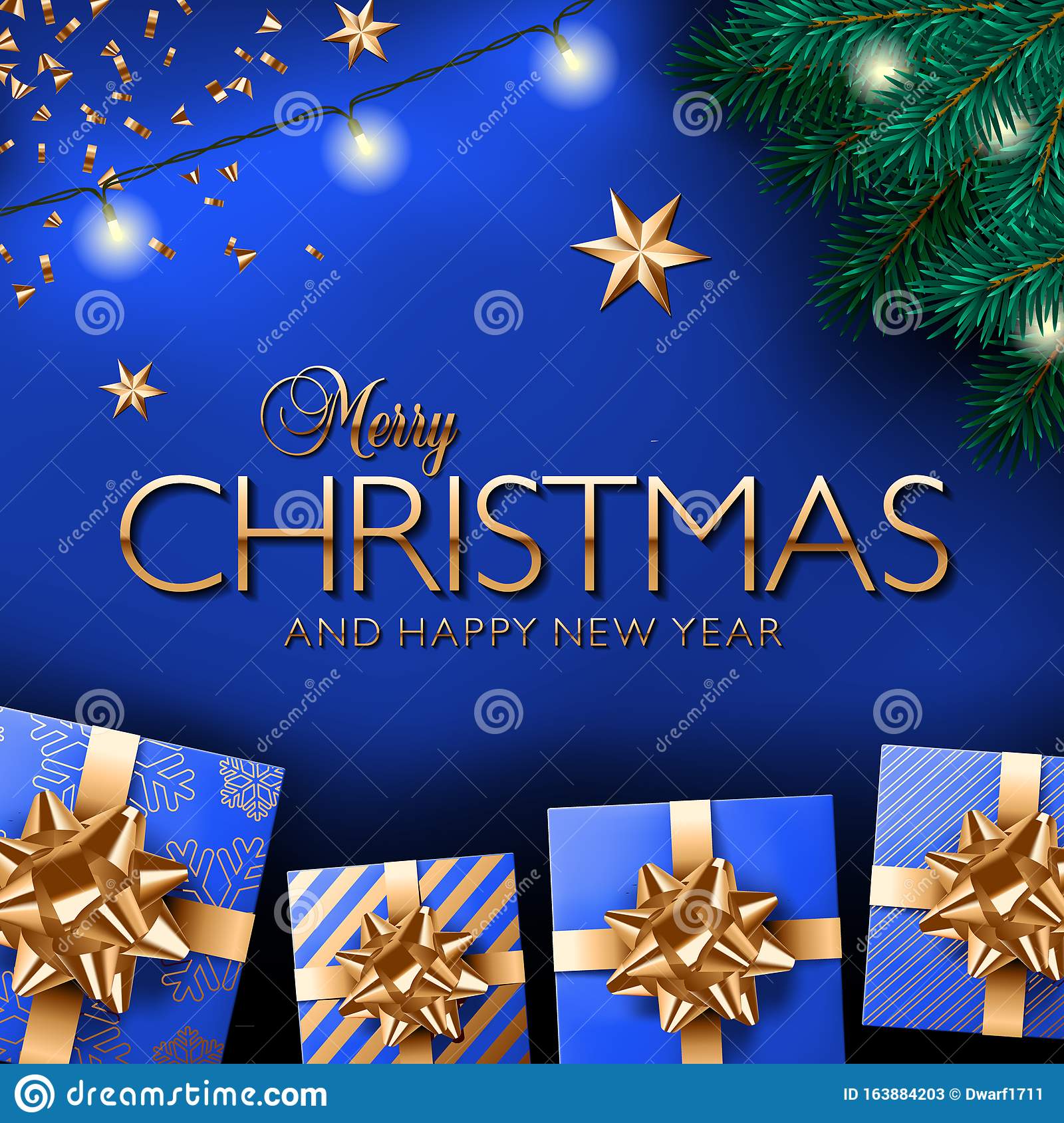 Royal blue square social media post or banner vector template with gold Merry Christmas and Happy New Year lettering. Christmas tree branch, stars and Christmas lights illumination.