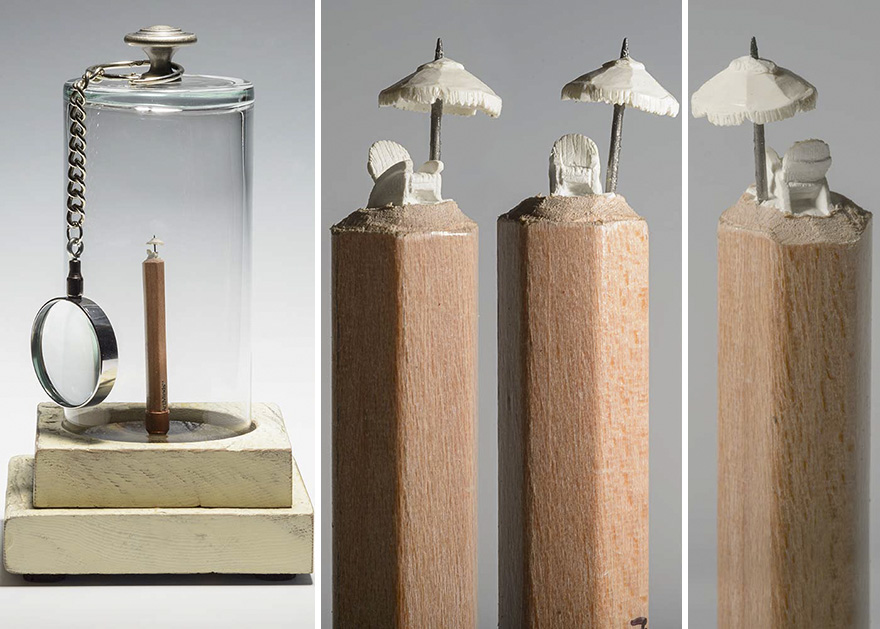 художница вырезает слонов и фигурки на карандашах