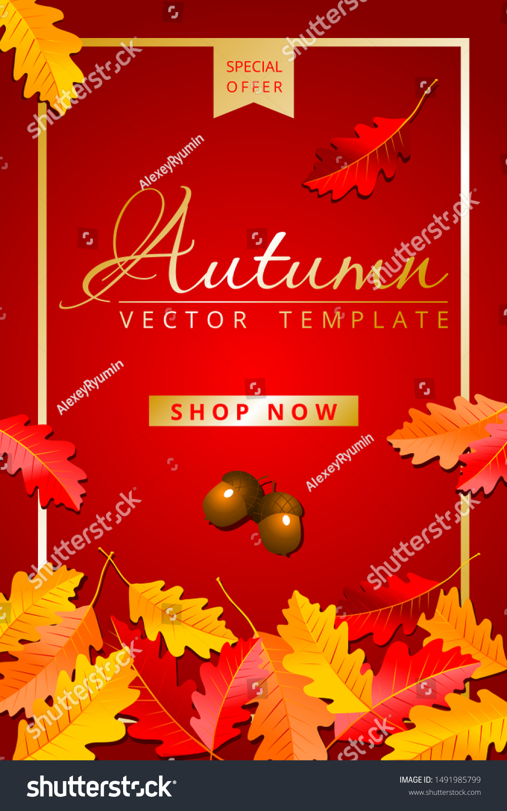 Autumn sale special offer web banner template red background with oak leaves