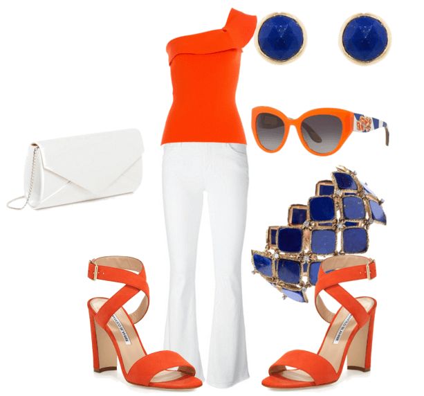 Белые джинсы-клёш, оранжевый ассиметричный топ, босоножки на каблуках, белый клатч, серьги, очки, синий браслет