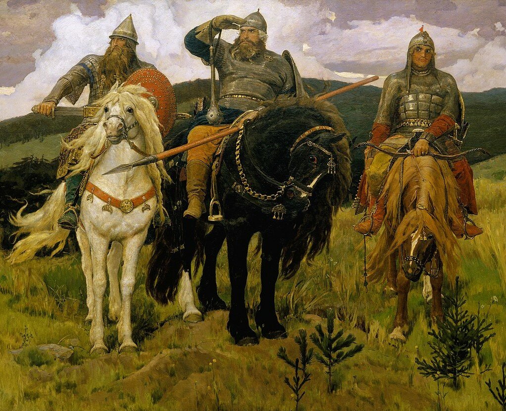 Русские богатыри и богатырские кони с картины Васнецова.