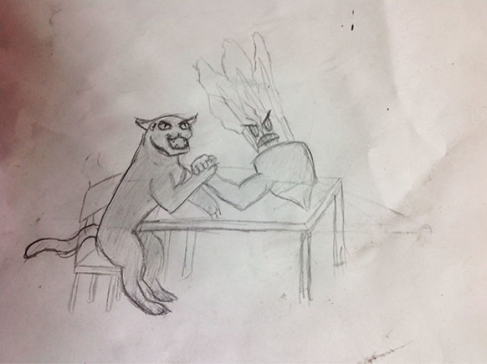 As A Single Father, My Son Always Makes Me Something For Mother's Day. This Year's Drawing Is A Turnip Arm Wrestling A Puma