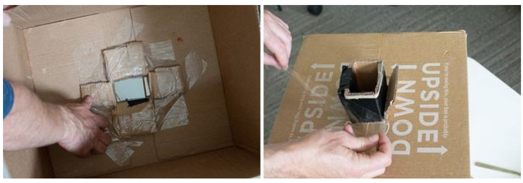 Протолкните вспышку Speedlite через отверстие в картонной коробке и закрепите четыре створки клейкой лентой.Прикрепите одинарную створку снаружи коробки к трубе с помощью клейкой ленты.