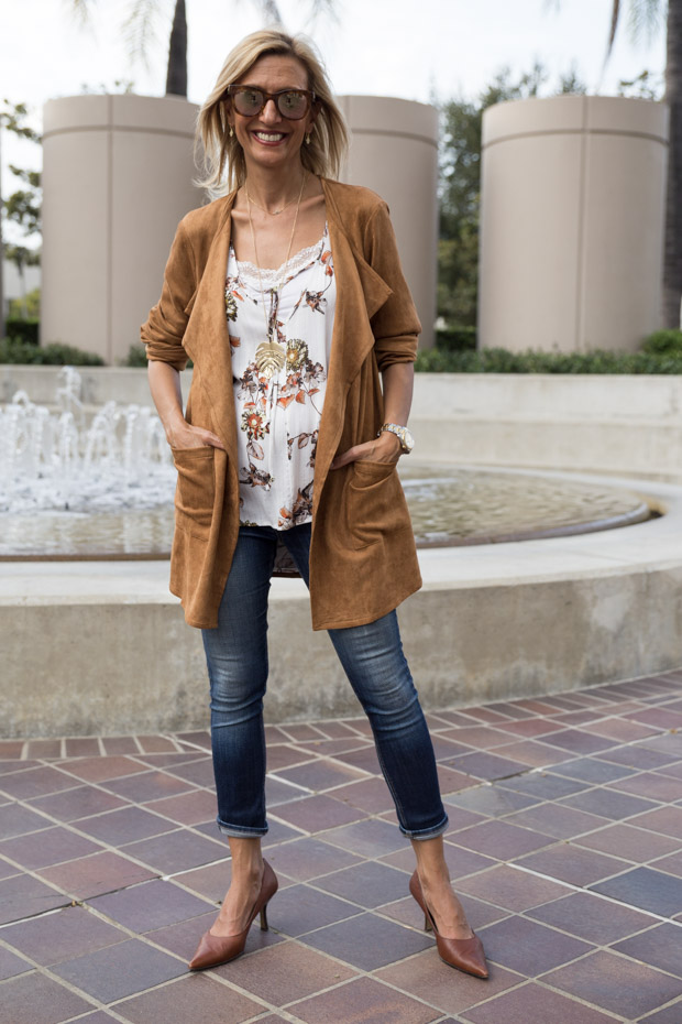Autumn Maple Color Ultra Suede Jacket with Ivory print top