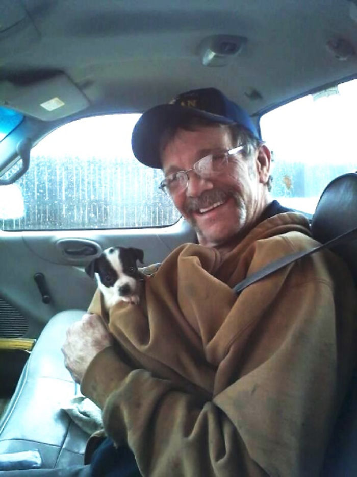 A Few Weeks Ago My Uncle's Dog Died After 14 Years With Him And He's Been So Depressed About It. My Aunt Surprised Him By Taking Him To Pick Up Their New Puppy When He Thought They Were Just Going Shopping. This Is The First Picture Taken Of Them Together When They Got Back In The Car