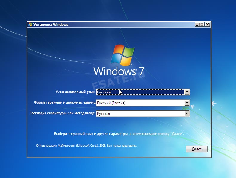 Окно установки windows 7