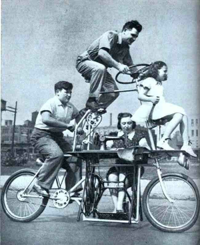 Велосипед для семьи из четырёх человек плюс ножная швейная машина (1939) история, ретро, фото, это интересно