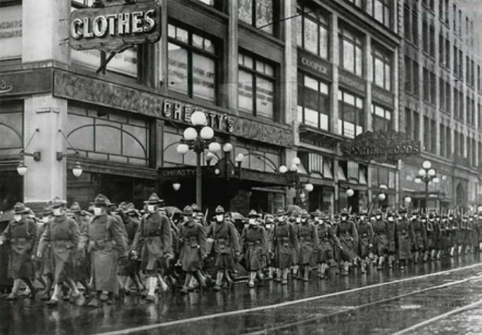 В декабре 1918 года 39-й полк армии США надевает маски для профилактики гриппа в Сиэтле