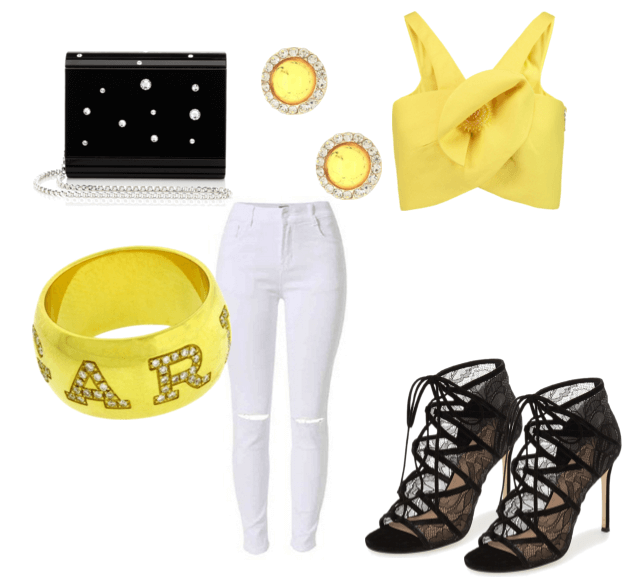 Белые джинсы, жёлтый топ, чёрные босоножки на шнуровке, сумочка, серьги, браслет