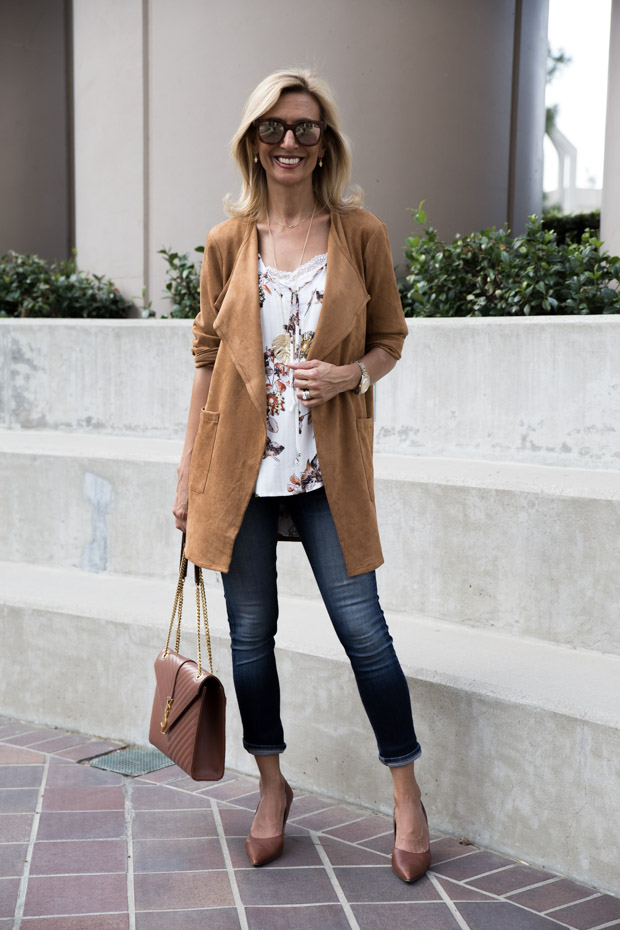 Autumn Maple Color Ultra Suede Jacket styled with ivory blouse