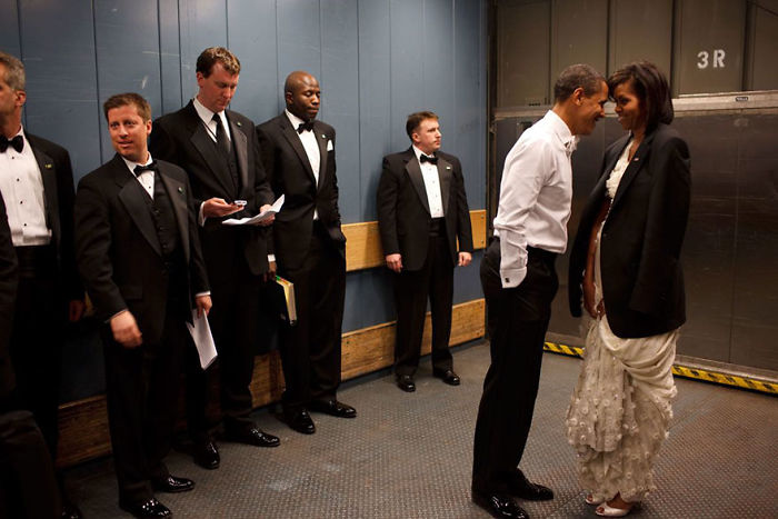 Barack Obama And Michelle Obama Share A Private Moment In A Freight Elevator At An Inaugural Ball In Washington, D.C., Jan. 20, 2009