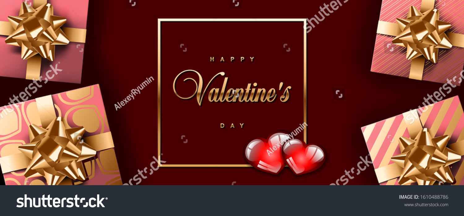 Golden luxury Happy Valentine's Day calligraphic lettering on Bordeaux background vector template. Two hearts and pink gifts with golden bows and ribbons. 