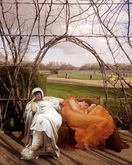 Для коллажа использованы картины «Фатисида Пророчица» и «Пылающий июнь» английского художника Фредерика Лейтона (Frederic Leighton).