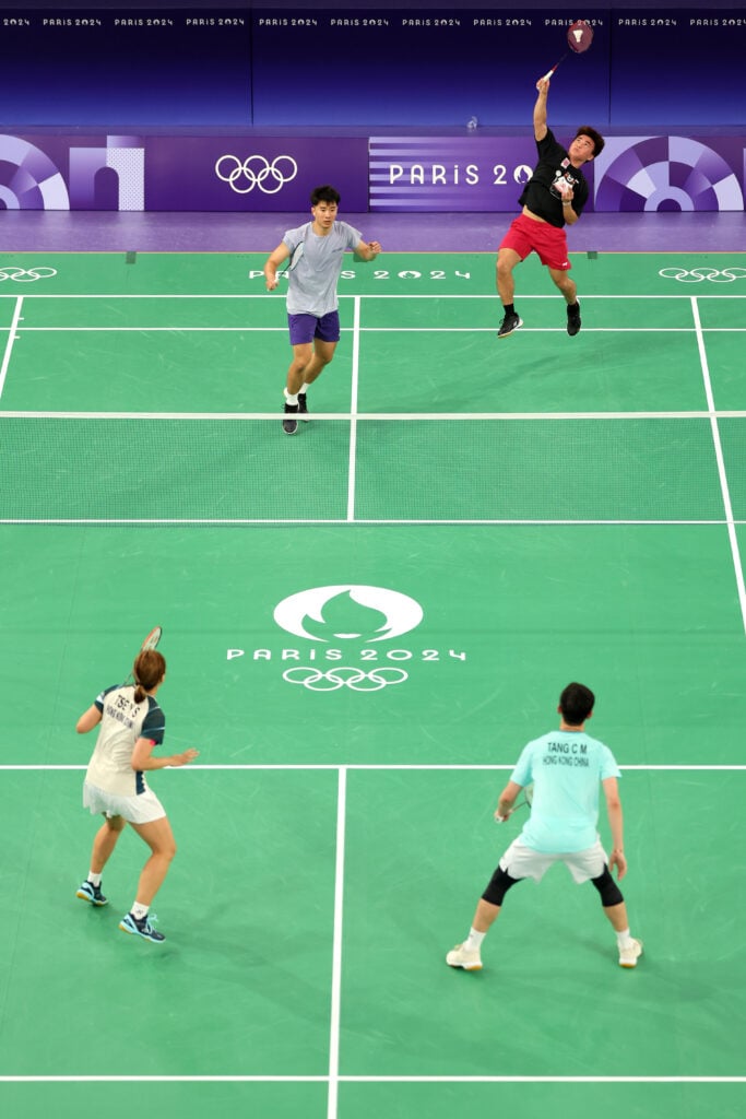 Athletes from Team Hong Kong practice during a Badminton training session ahead of the Paris Olympic Games on July 23, 2024 in Paris, France.