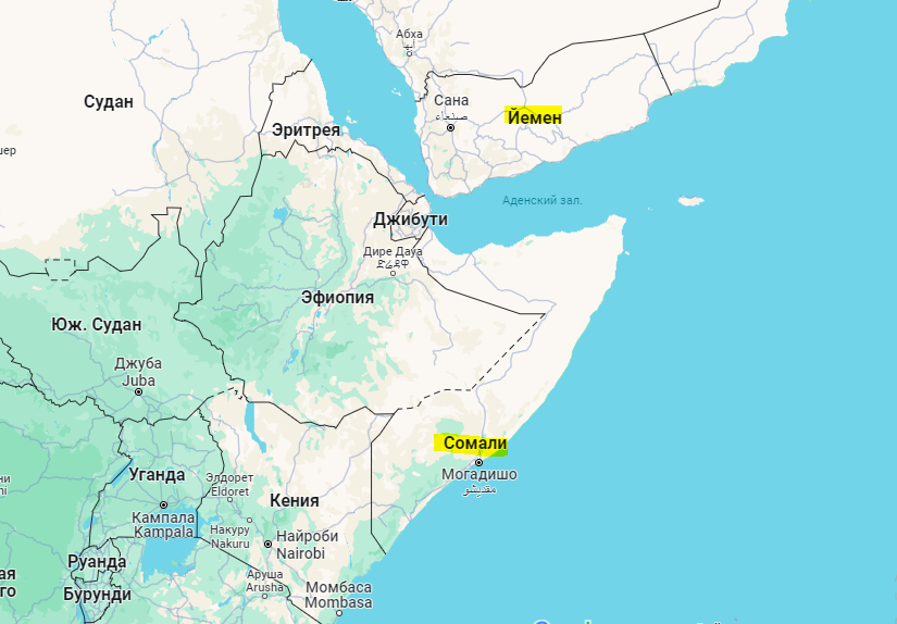 Сомали и Йемен на карте