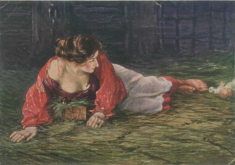 Крепостная актриса в опале, кормящая грудью барского щенка. Худ. Н. А. Касаткин, 1910.