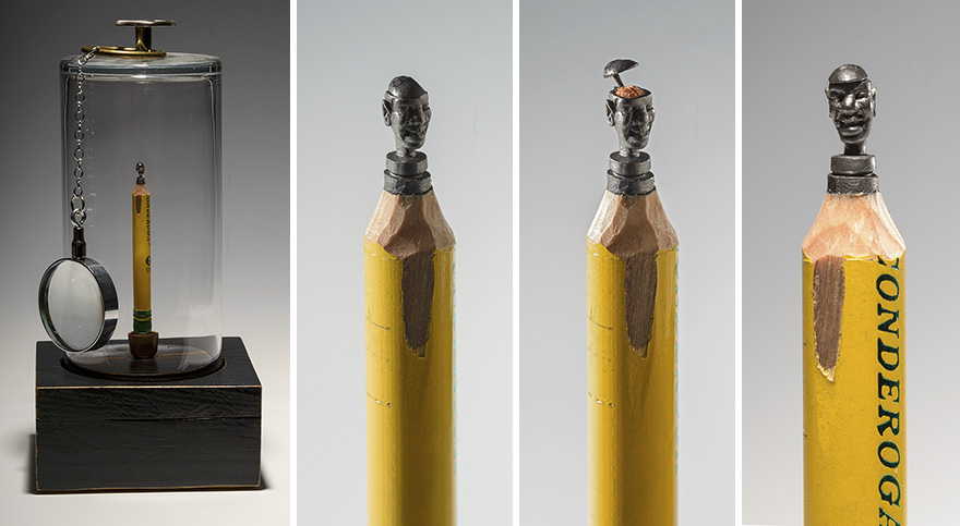 художница вырезает слонов и фигурки на карандашах 