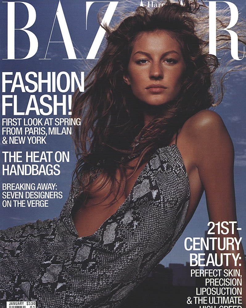 Жизель Бюндхен в платье Gucci на обложке Harper's Bazaar, январь 2000