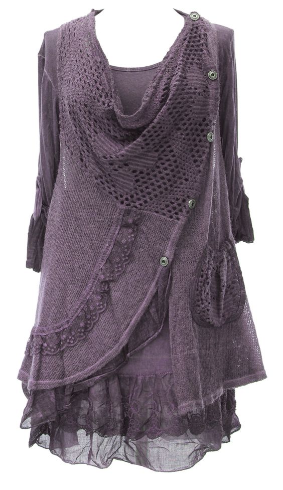 Ladies Womens Italian Lagenlook Quirky Layering Side Button 2 Piece Lace Knit Lana Long Sleeves Tunic Top Dress One Size Plus (UK 10-18) (One Size Plus, Purple): Amazon.co.uk: Clothing: 