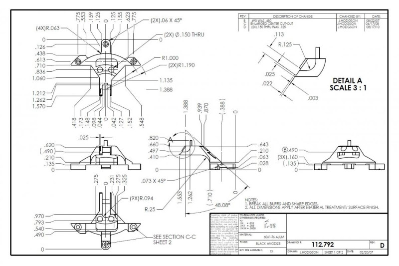 Технический чертеж построен на основе американского стандарта (ASME) серии Y14 в дюймах лист 1
