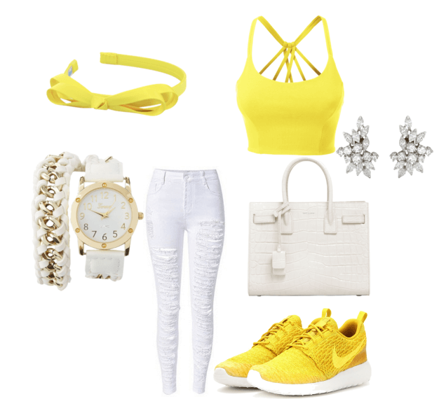 Белые джинсы, жёлтый кроп-топ, кроссовки, сумочка, серьги, часы, обруч для волос