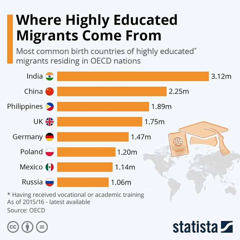 Главные поставщики образованных мигрантов для стран ОЭСР в мире,образование,общество,эмиграция