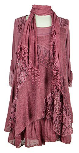 Ladies Womens Italian Lagenlook Quirky Layering 3 Piece Sequin Lace Knit Mohair Long Sleeves Scarf Tunic Top Dress: 