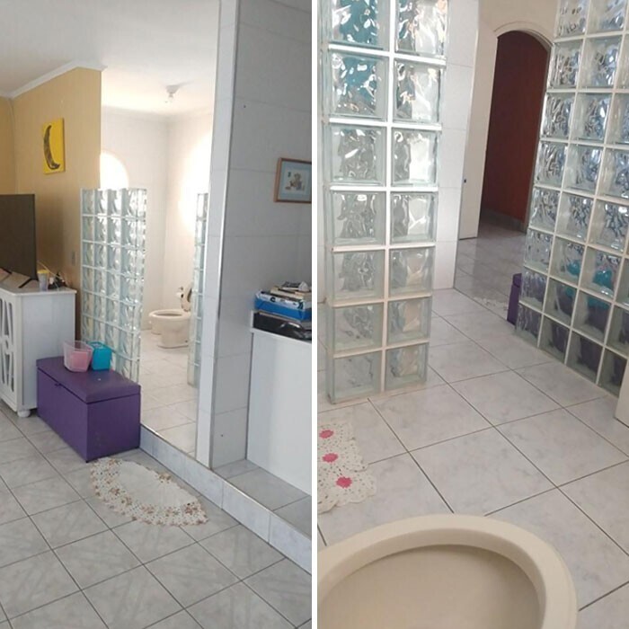 Туалет со стеклянной перегородкой и без дверей, прямо при входе в квартиру