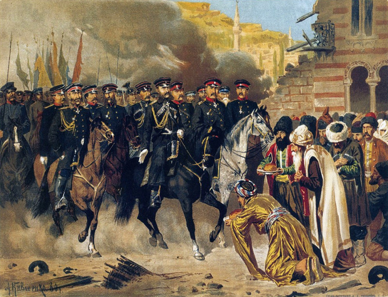 Заглавная иллюстрация. Вступление русских войск в капитулировавший Карс на картине А.Д.Кившенко