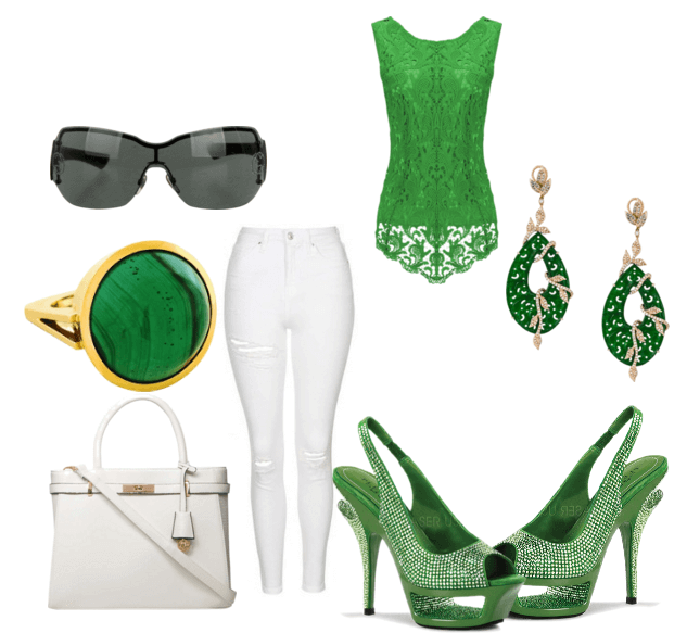 Белые джинсы, зелёная кружевная блузка, босоножки на каблуках, белая сумочка, очки, серьги, кольцо