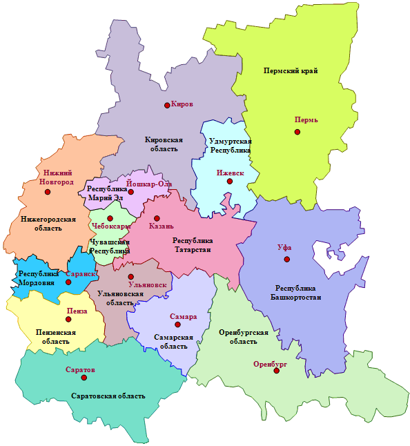 Карта приволжского федерального округа с городами и областями
