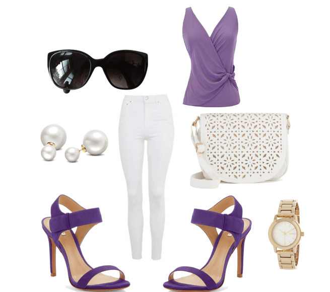 Белые джинсы, фиолетовый топ, босоножки, сумочка, серьги, очки, часы