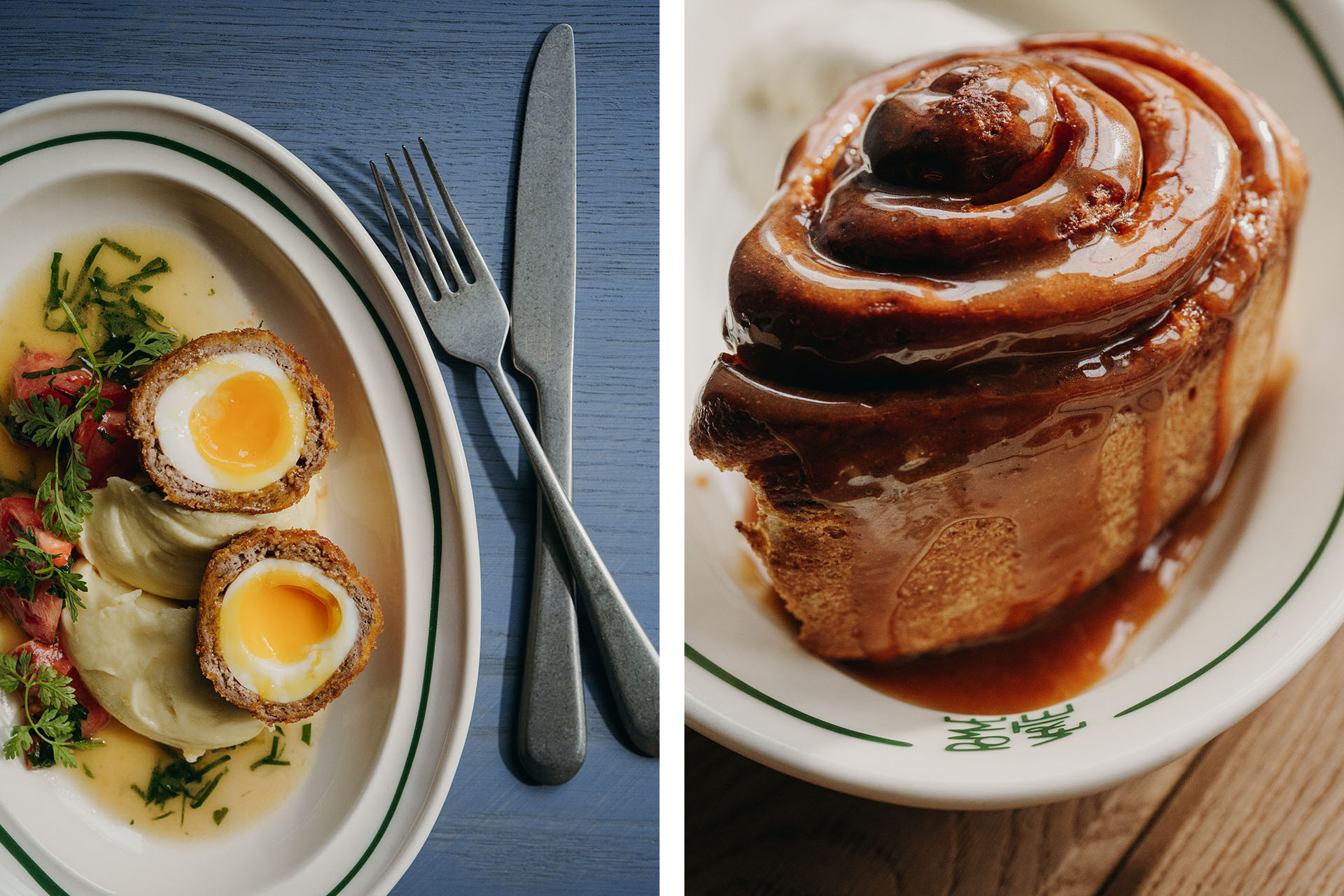 Яйцо по-шотландски с картофельным пюре и томатами / утренняя булочка