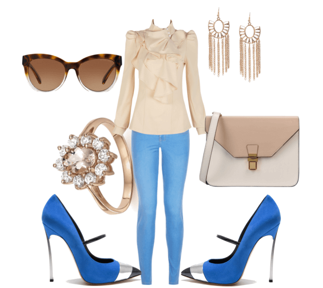 Синие джинсы, бежевая блузка, туфли на шпильках, сумочка-клатч, серьги, очки, кольцо
