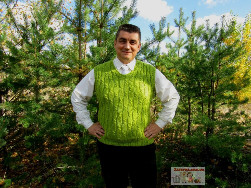Вязание мужского жилета рельефным узором