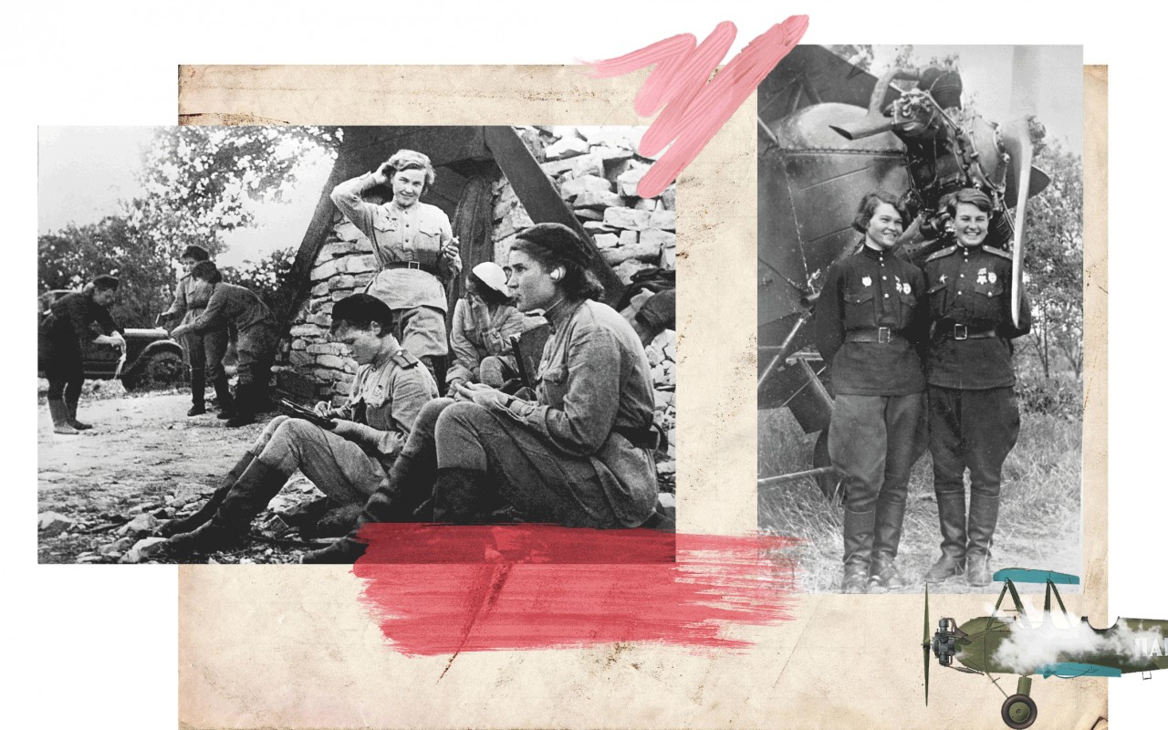 Слева направо: Лётчицы 46-го гвардейского авиационного полка (слева направо): сидят — Ирина Себрова, Вера Белик, стоит — Надежда Попова. Все были удостоены звания Герой Советского Союза 23 февраля 1945 года, Вера Белик посмертно. Женщины-авиаторы. Слева направо: Наталья Кравцова (Меклин) и Ирина Себрова — Герои Советского Союза. 46-й гвардейский авиационный полк. Из личного архива Н. Кравцовой. Лишь один из десятков полков на кукурузниках был женским. Коллаж © L!FE Фото: © РИА Новости / Евгений Халдей