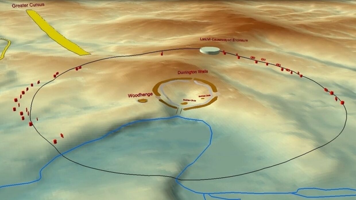 Схема показывает наличие массивных объектов, расположенных по кругу диаметром более 2 км от неолитического поселения Дарингтон