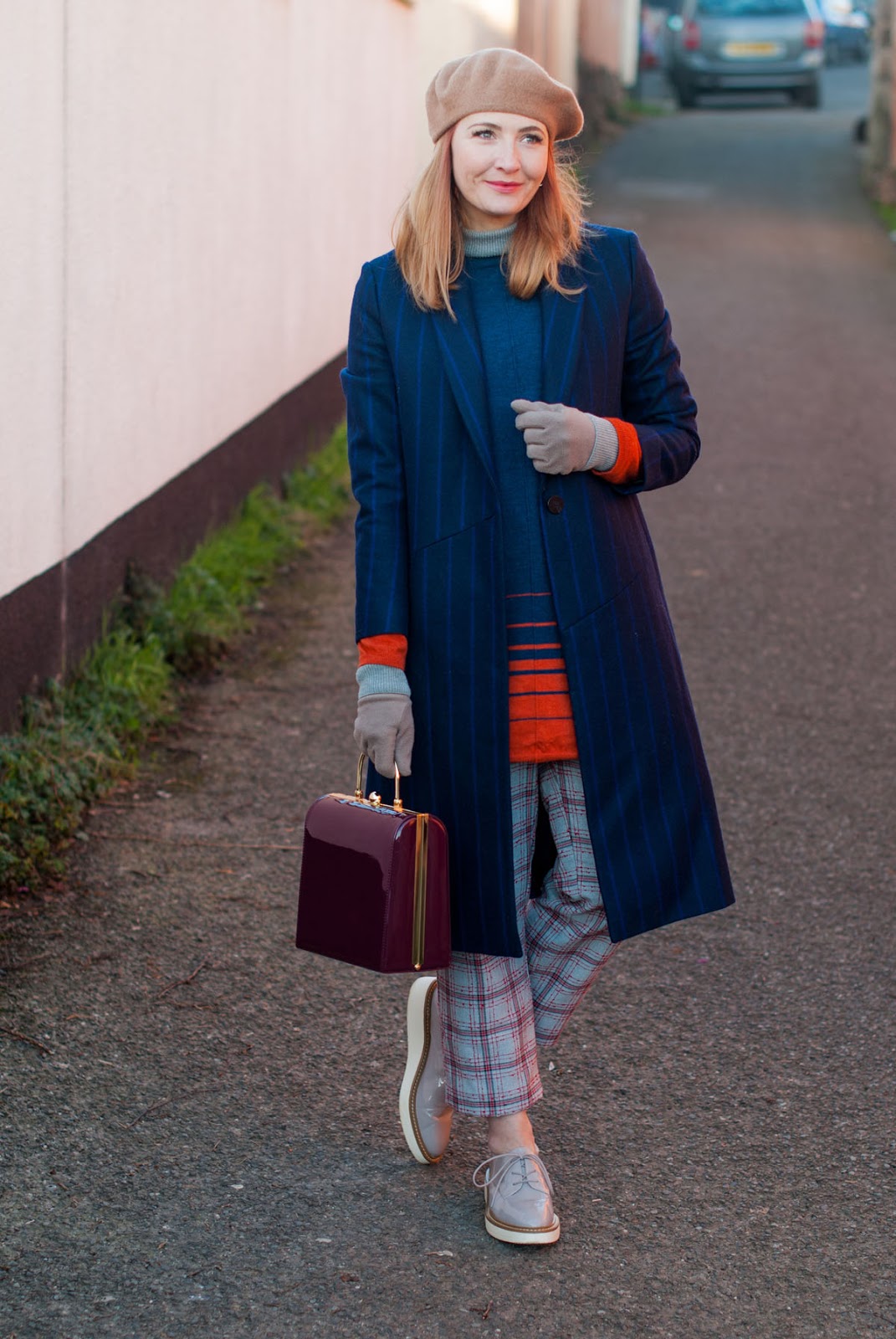 How to style a beret in winter: With a navy pinstripe wool coat, check trousers, a sweater dress and taupe lace ups | Not Dressed As Lamb, over 40 fashion blog